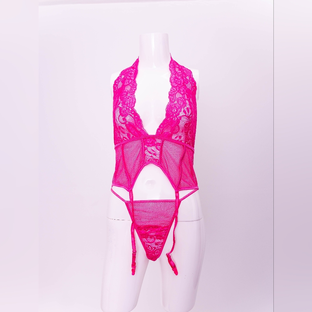 Pink Mesh and Lace Halter Bustier Garter and thong set